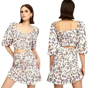 NOCTURNE WOMEN’S XS LEOPARD RUCHED CROP TOP PUFF SLEEVE BLOUSE NWT PARTY LOOK